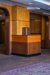 Opulent Art Deco interior architecture inside lobby, atrium or foyer on historic ocean liner style...
