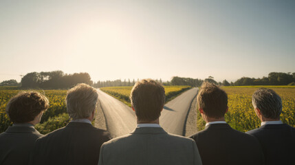 Five business people face a forked road in a field of yellow flowers. They are contemplating a decision, choosing a path for the future.
