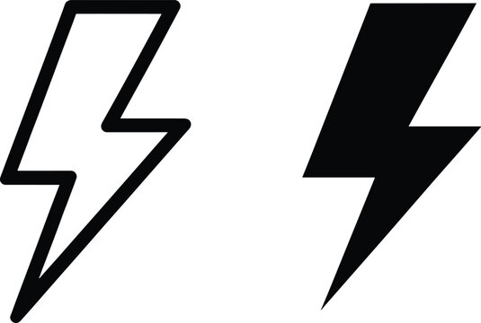 Two lightning bolt icons one outline one solid silhouette isolated on white background