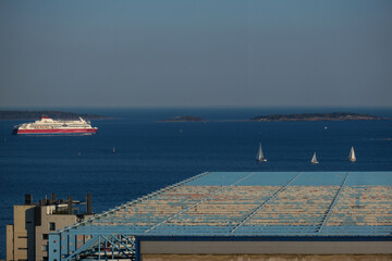 Large passenger and cargo car ferry roro ro-ro departure from Helsinki, Finland towards Estland or...