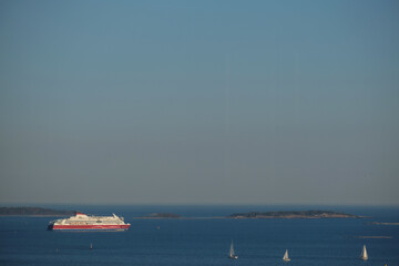 Large passenger and cargo car ferry roro ro-ro departure from Helsinki, Finland towards Estland or...