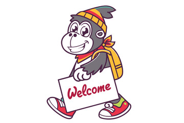 Cartoon monkey with colorful hat and backpack is carrying a Welcome sign happily
