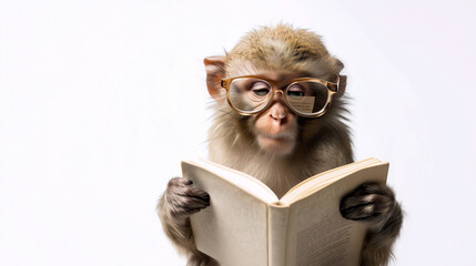 Serious Monkey in Glasses Reading Book, Humorous Animal Portrait on White Background