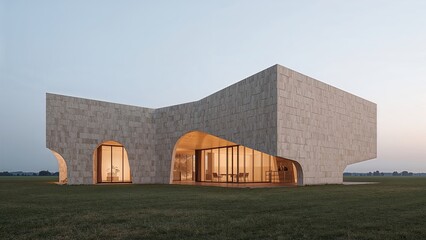 Modern architectural structure on a grassy field.
