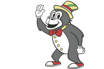 Cartoon gorilla waves his white gloved hand while wearing a hat and bow tie