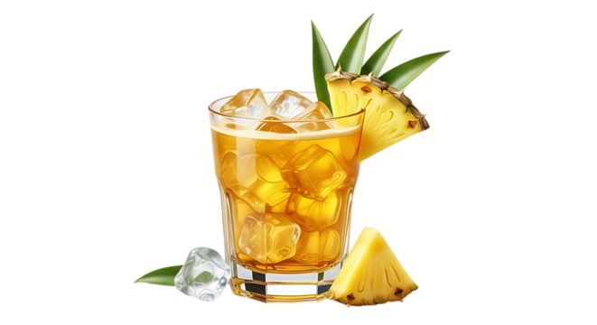 Refreshing pineapple cocktail with ice cubes and pineapple garnish on black background