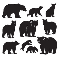 bear silhouettes vector, set of animals Brown grizzl Black vector