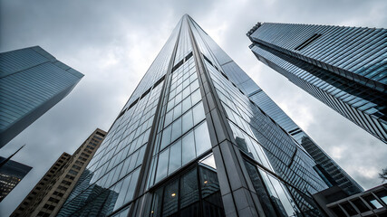A towering building rises under a cloudy sky, showcasing a blend of architecture and nature