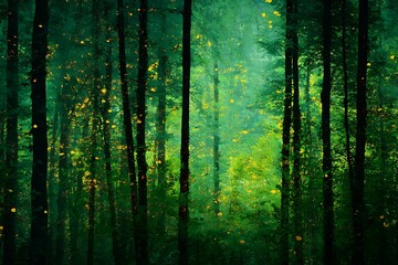 Naklejka premium deep forest with golden sunlight cutting through dark green shadows