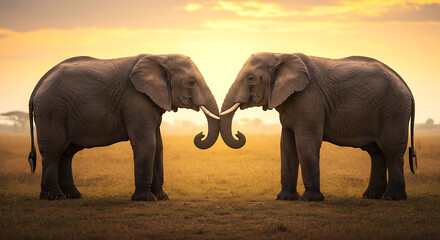 Fototapeta premium Ultra-Detailed AI-Generated Photo of Elephant Lovers Standing Together, Intertwined Trunks Creating Heart Shape Against Dreamy Sunset, Perfect for Valentine’s Day and Love Concept Stock