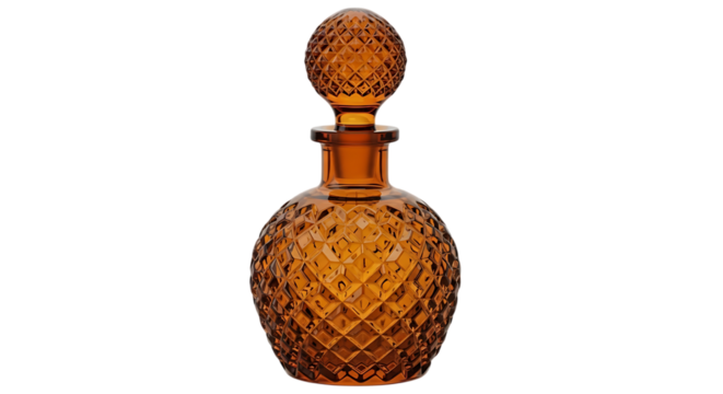 Elegant amber glass decanter with diamond patterned design on a black background