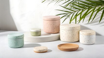Pastel Speckled Containers with Lids and a Wooden Plate on White Surface