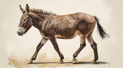 Obraz premium A brown donkey walks on a light beige background.