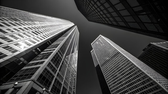 Black and white photo of tall city buildings reaching into the sky, showcasing urban architecture and skyline