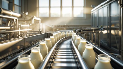 Bottles of fresh milk travel down a conveyor belt in a modern dairy processing facility.