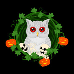 Spooky Halloween Owl with Skeletons and Pumpkins. Fantasy Halloween illustration with Owl Skeletons and Jack-o'-Lanterns. Halloween Wreath. Wicked Wreath. Spooktacular Trick or Treat Night. Owl's nest