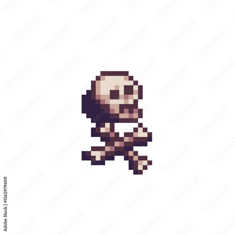 Poster pixel art skull with crossed bones in 8-bit style. ideal for game hazards, death indicators, dungeon