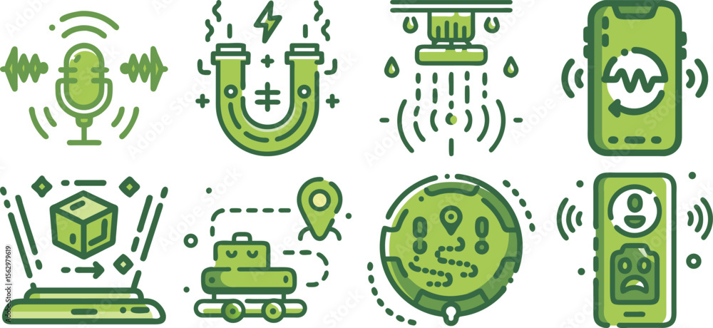 Poster vector art of a set of green smart home technology icons isolated on transparent background, showcas