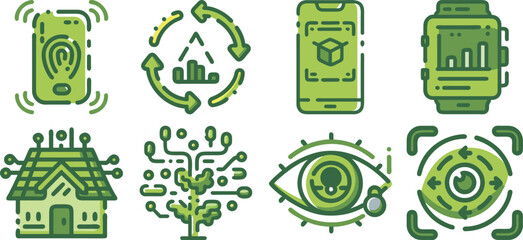 Vector art of a set of green technology icons isolated on transparent background, depicting smart home, mobile apps, data analysis, and biometrics.
