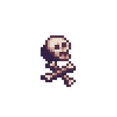 Pixel art skull with crossed bones in 8-bit style. Ideal for game hazards, death indicators, dungeon traps, or warning icons in RPGs.