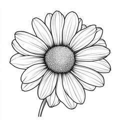Black and white line art of a detailed daisy flower.