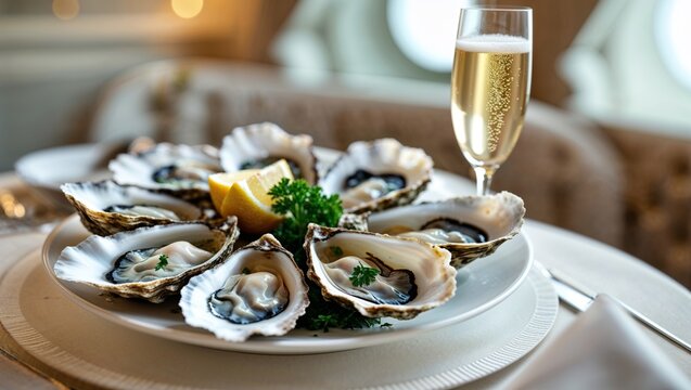 An elegant plate of fresh oysters with champagne, a true gourmet experience.