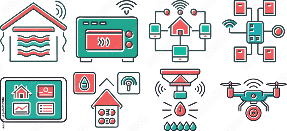 Poster vector art of a set of teal smart home and automation icons isolated on transparent background.