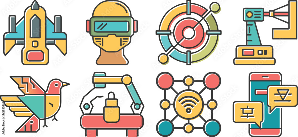 Poster vector art of a set of colorful technology icons, isolated on transparent background, featuring robo