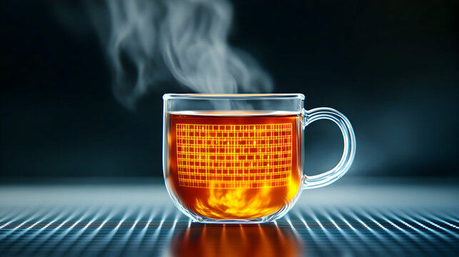 A futuristic coffee machine displaying a digital interface, with a holographic cup of steaming coffee, glowing with blue light, creating a high-tech and innovative atmosphere