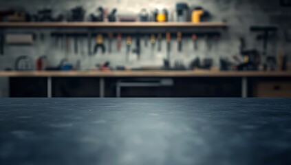 Empty workshop workbench, tools in background