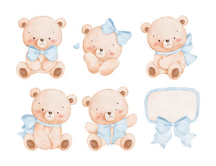 Watercolor Illustration Set of Baby Bears Wear Blue Bow