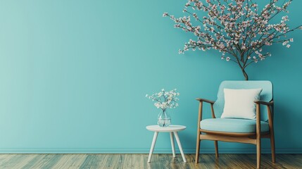 Teal wall, chair, flowers. Minimalist serene interior