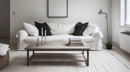 A minimalist living room with a white sofa and wooden coffee table.