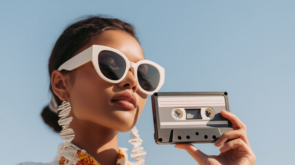 A young woman holding a cassette tape, symbolizing the transition from retro music formats to digital media. She combines vintage and modern styles with sunglasses and trendy accessories.