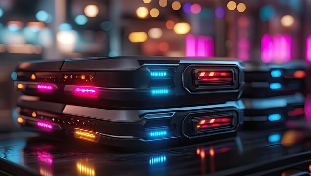 Stacked futuristic devices with vibrant LED lighting, resting on a dark surface,  in a blurred city background