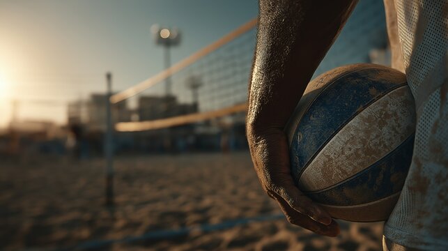 Athletic Person Holding Volleyball on Beach During Sunset with Sand and Net in Background - Powered by Adobe