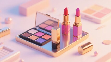 Elegant Makeup Display with Lipsticks and Eyeshadow Palette on Reflective Surface