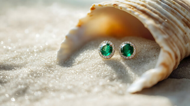 Earrings with emerald tones arranged in a seashell atop sand, with side margin preserved for branding text.