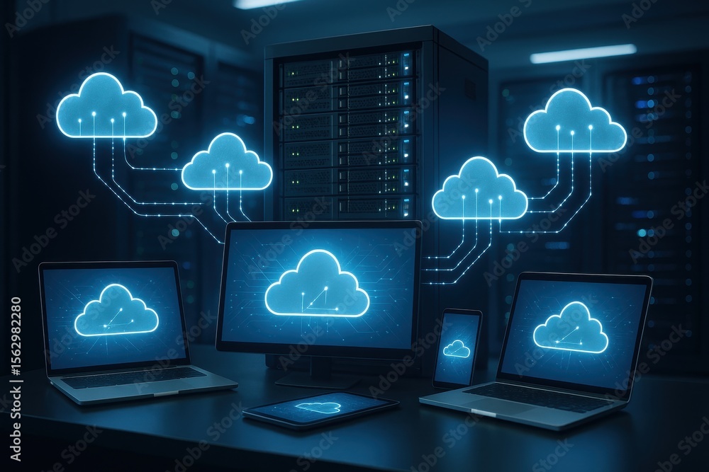 Poster cloud computing ecosystem: futuristic digital art showcasing a server room environment interconnecte