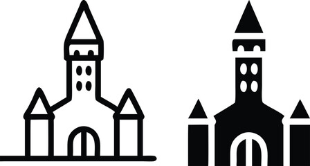Haunted Castle Vector Icons – Black and White Halloween Spooky Fortress Silhouette Illustration