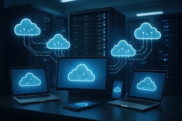 Cloud Computing Ecosystem: Futuristic digital art showcasing a server room environment interconnected with cloud-shaped data icons, representing global networking and seamless connectivity