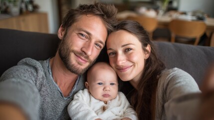 Family taking selfie together with newborn baby on couch in home