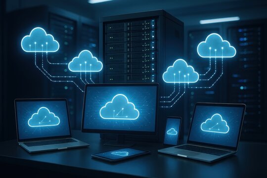 Cloud Computing Ecosystem: Futuristic digital art showcasing a server room environment interconnected with cloud-shaped data icons, representing global networking and seamless connectivity