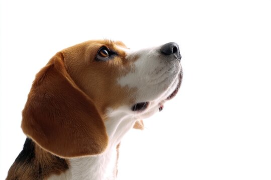 A brown and white beagles head with the dog looking up