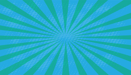 Pop Art blue Sunburst Background with Halftone Dots. Retro Comic Burst Wallpaper for Superhero Text, Poster, or Vintage Cartoon Design.