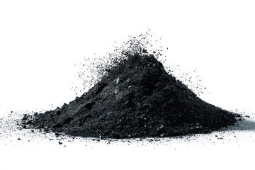 A pile of dark granular material like coal or ash against a white background