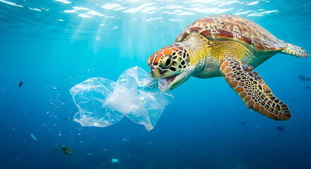 Ultra-Detailed AI-Generated Close-Up of Sea Turtle Mistakenly Eating Floating Plastic Bag, Cinematic Underwater Lighting Emphasizing Ocean Pollution and Wildlife Endangerment
