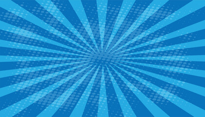 Pop Art blue Sunburst Background with Halftone Dots. Retro Comic Burst Wallpaper for Superhero Text, Poster, or Vintage Cartoon Design.
