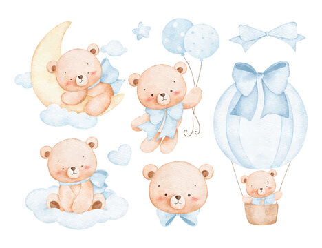 Watercolor Illustration Set of Baby Bears in Nursery Theme