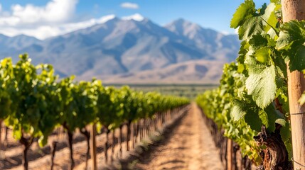 Lush Green Vineyard Rows Under Majestic Mountain Landscape with Clear Sky perfect for wine tourism campaigns, agritourism brochures, sustainable farming promotions and nature-themed advertising